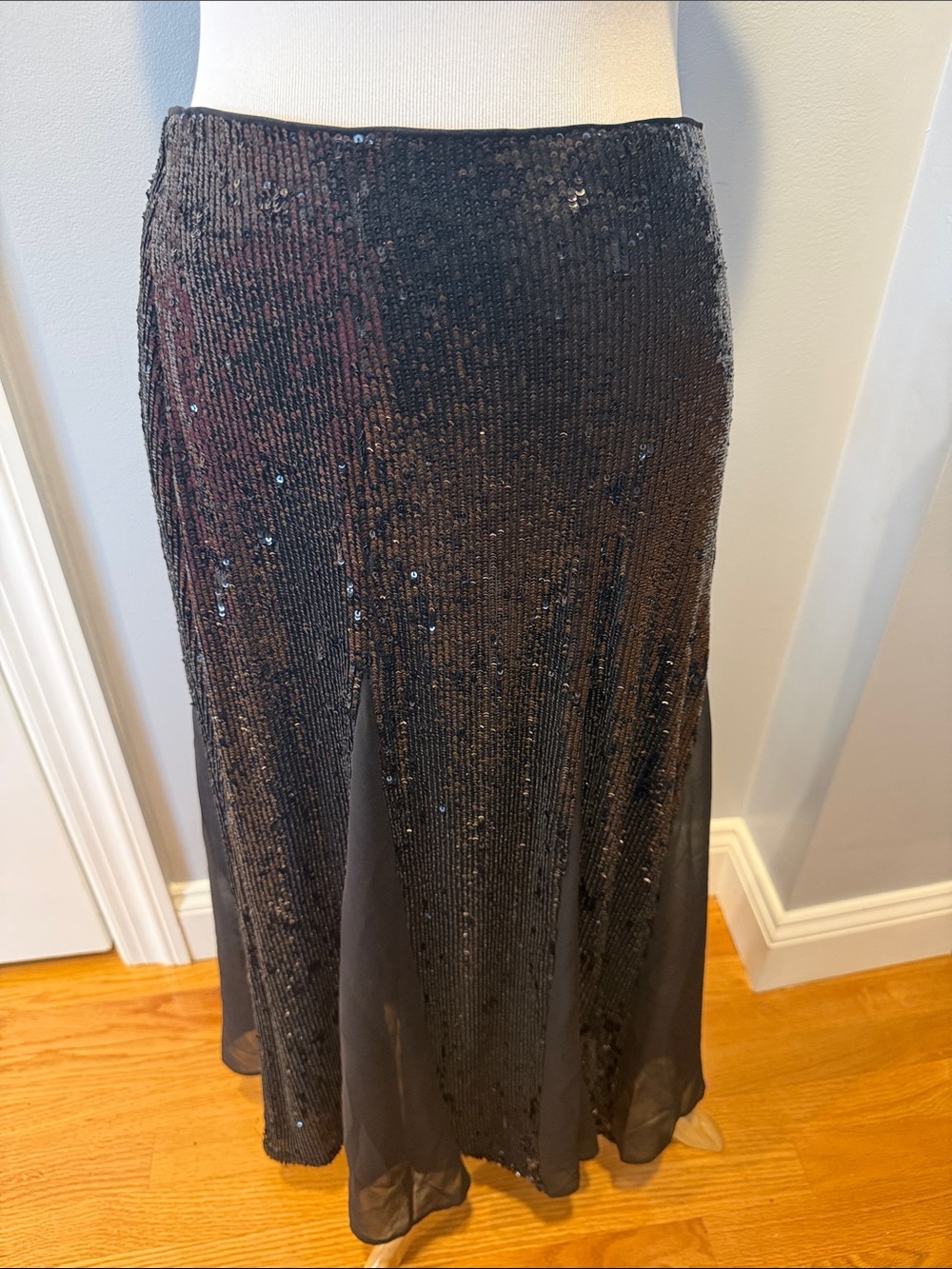 Express Black Sequin Maxi Skirt with Sheer Panels